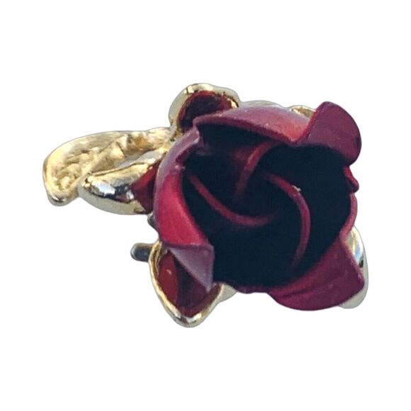 Vintage Gold Tone Red Rose Brooch Pin 2" Excellent Cottagecore - Picture 5 of 8